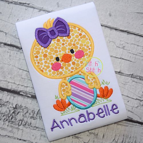 Chick Girl Holding Egg Applique | Machine Embroidery Designs by JuJu