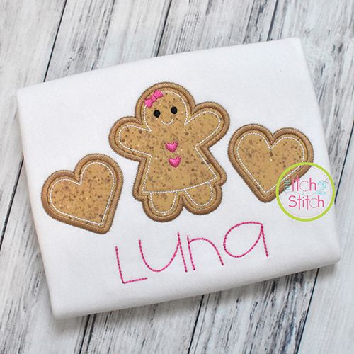 Gingerbread Girl Hearts Trio Applique | Machine Embroidery Designs by JuJu