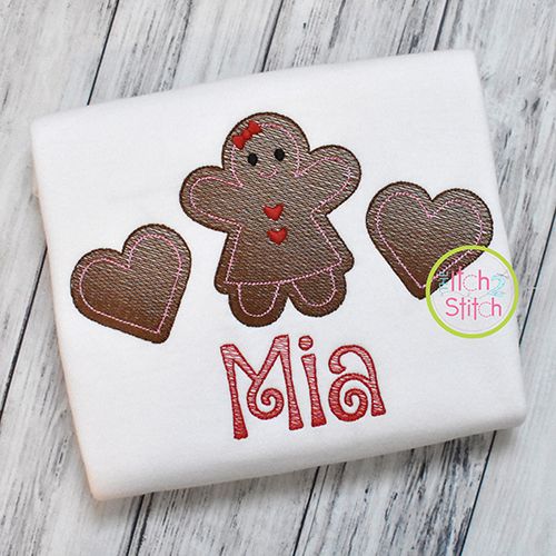 Gingerbread Girl Hearts Trio Sketch | Machine Embroidery Designs by JuJu