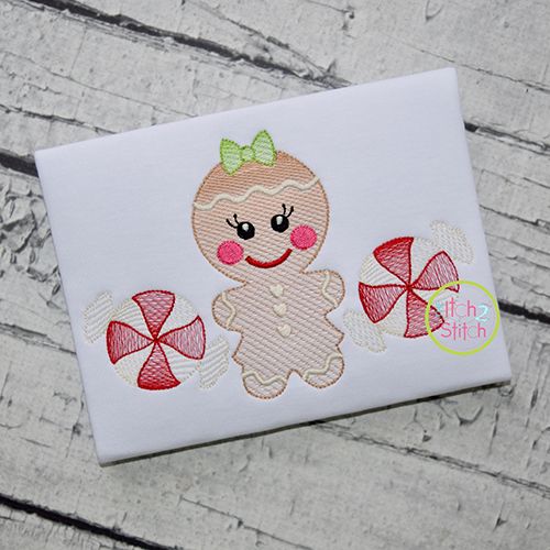 Gingerbread Trio Girl Sketch Embroidery | Machine Embroidery Designs by JuJu