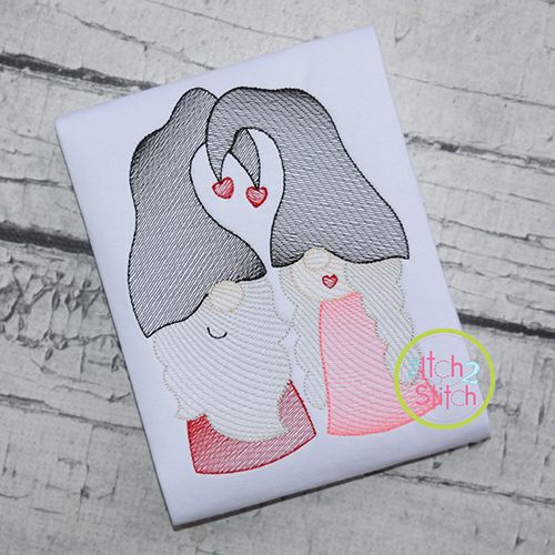 Gnome Couple Sketch Embroidery Design | Machine Embroidery Designs by JuJu