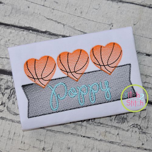 Heart Basketball Trio Banner Sketch Embroidery Design | Machine Embroidery Designs by JuJu