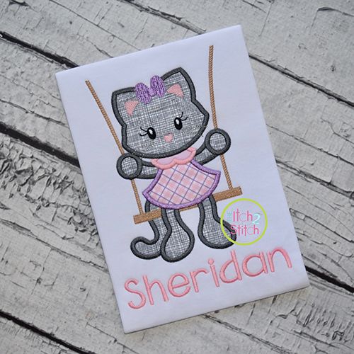 Kitty in the Swing Girl Applique | Machine Embroidery Designs by JuJu