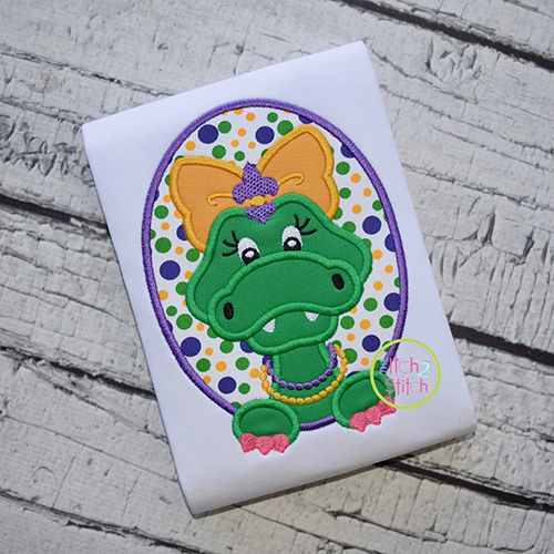 Mardi Gras Alligator Girl Applique | Machine Embroidery Designs by JuJu