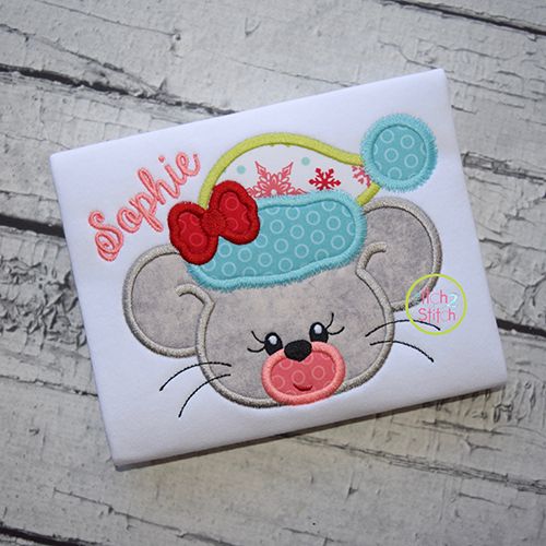 Winter Mouse Face Girl Applique | Machine Embroidery Designs by JuJu