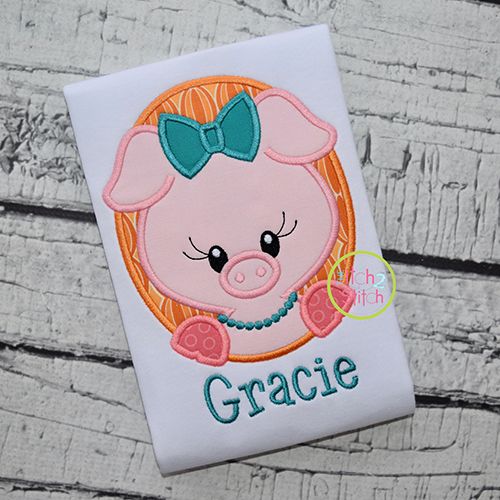 Oval Pig Girl Applique | Machine Embroidery Designs by JuJu