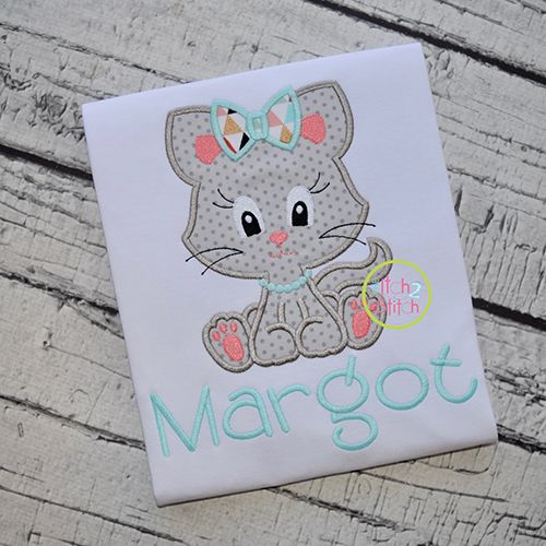 Sitting Kitty Girl Applique | Machine Embroidery Designs by JuJu