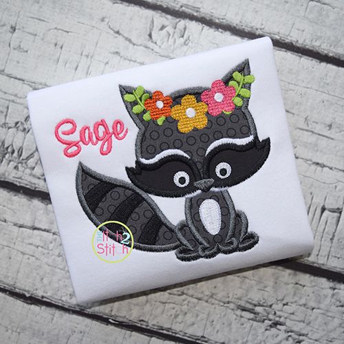 Sitting Raccoon Flowers Applique | Machine Embroidery Designs by JuJu