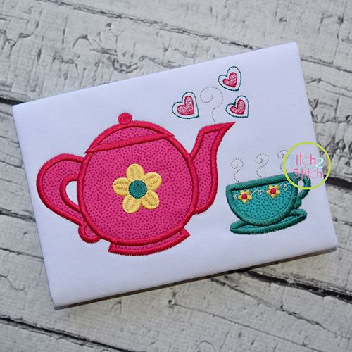 Tea Pot and Cup Applique | Machine Embroidery Designs by JuJu