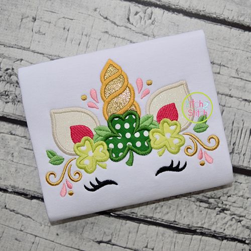 Unicorn Horn with Shamrocks Applique | Machine Embroidery Designs by JuJu