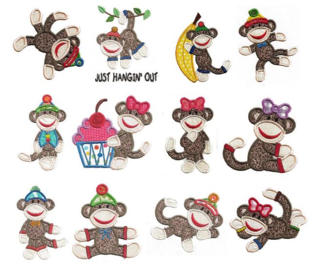 Sock Monkeys 4x4 hoop Applique Machine Embroidery Designs by JuJu 
