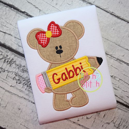 Pencil Bear Girl Applique | Machine Embroidery Designs by JuJu