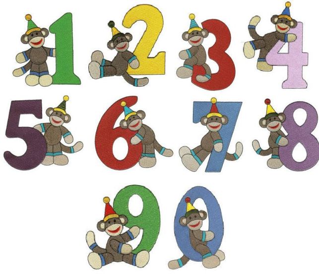 Birthday Sock Monkey Numbers Filled Machine Embroidery Designs by JuJu