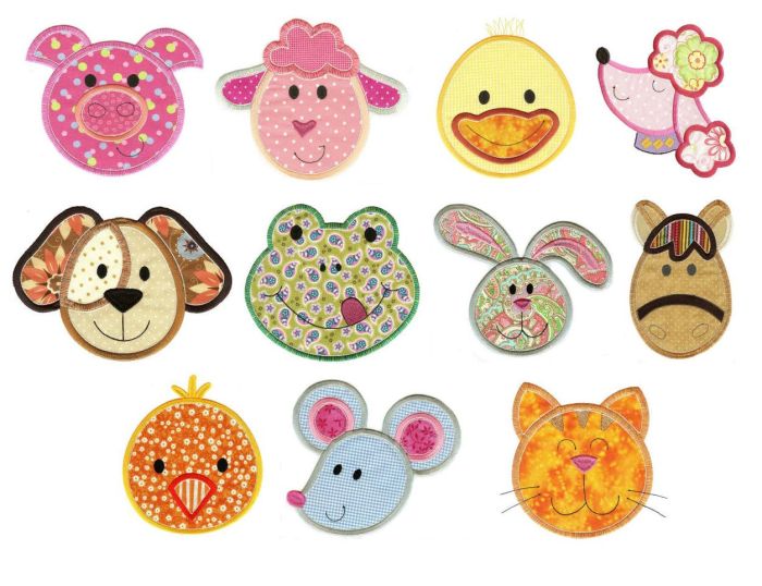 Cute Animal Faces Set 1 Applique Machine Embroidery Designs by JuJu 