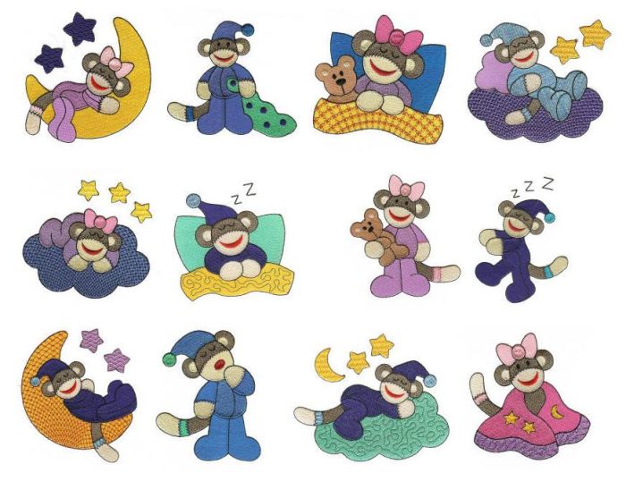 Sleepy Bedtime Slumber Sock Monkeys Filled Machine Embroidery Designs by JuJu