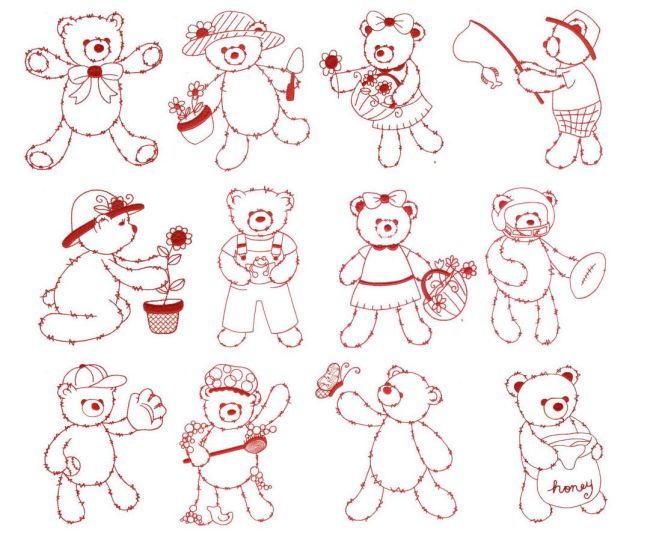 Fuzzy Teddy Bears Redwork Machine Embroidery Designs by JuJu