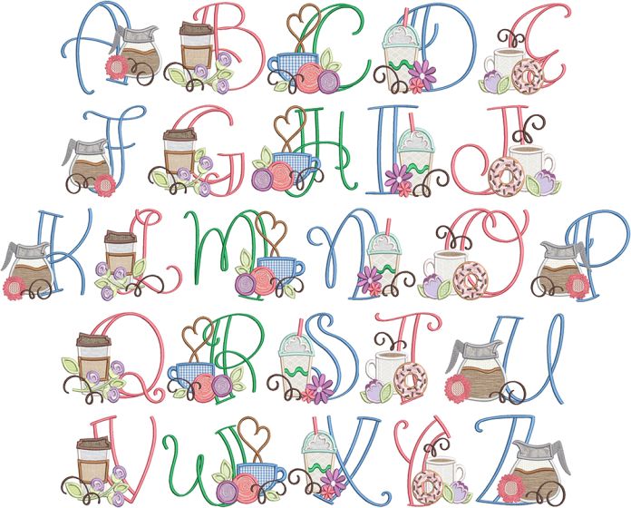 Coffee Lovers Alphabet | Machine Embroidery Designs by JuJu