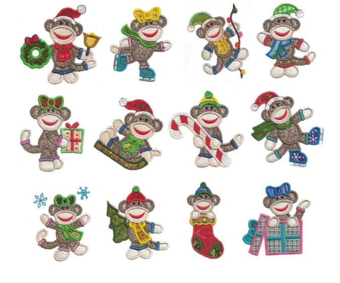 Christmas Sock Monkeys 4x4 Applique Machine Embroidery Designs by JuJu 