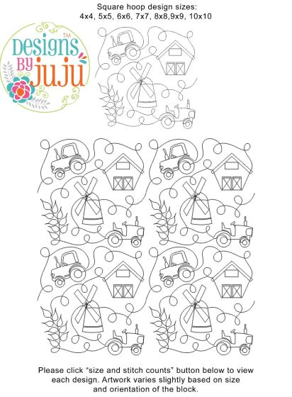 Farm Barn Windmill Wheat Tractor End-to-End Quilting Design | Machine Embroidery Designs by JuJu