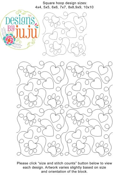 Hearts And Paw Prints End-to-End Quilting Design | Machine Embroidery Designs by JuJu