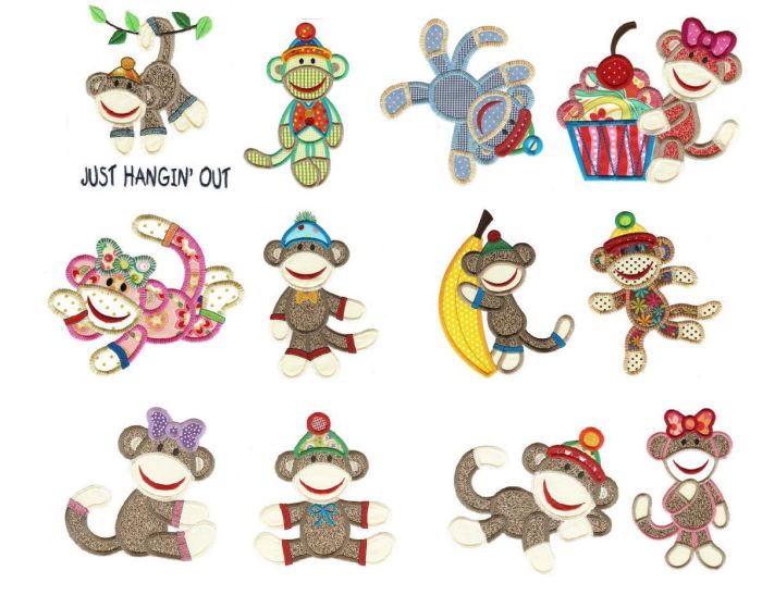 Sock Monkeys Applique Machine Embroidery Designs by JuJu 