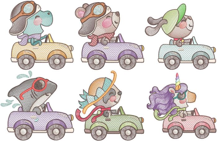 Funny Animals In Cars | Machine Embroidery Designs by JuJu