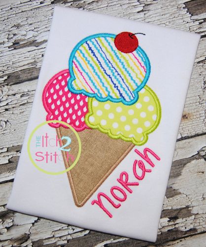 Triple Ice Cream Cone Applique | Machine Embroidery Designs by JuJu