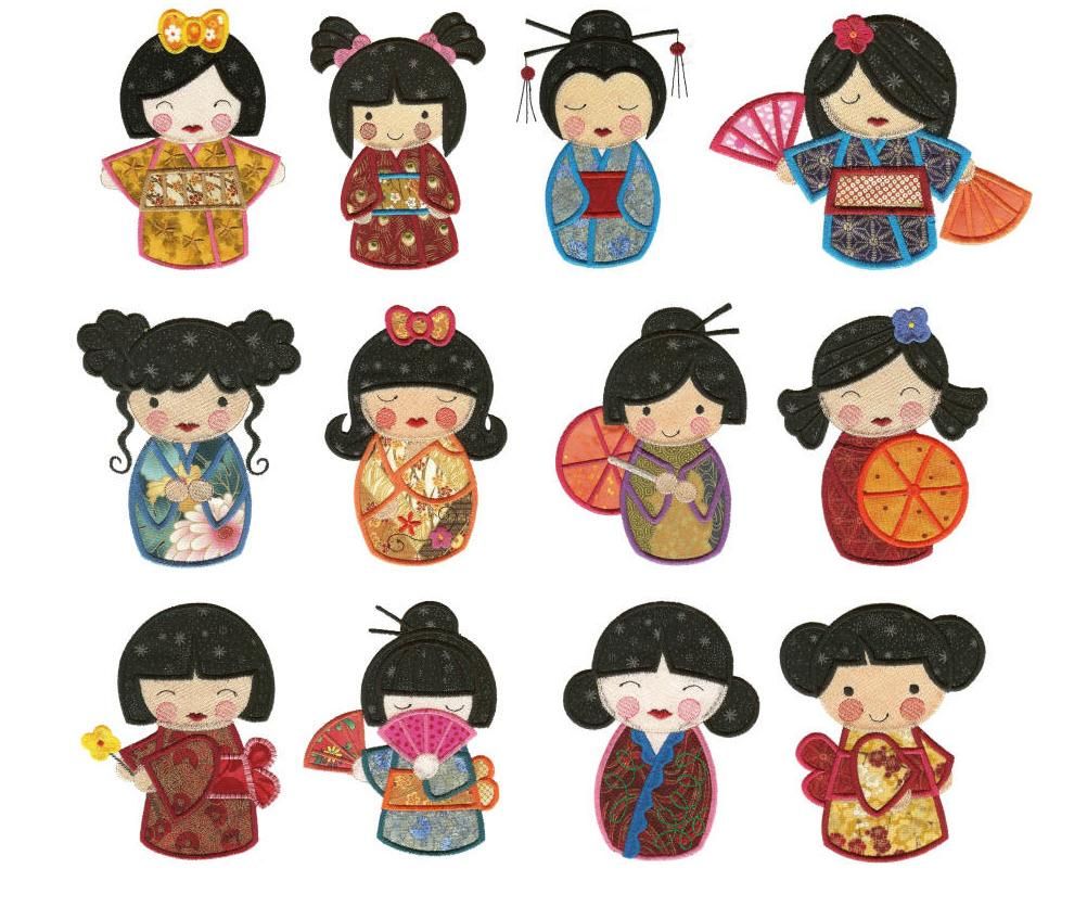 Kokeshi Dolls Japanese Applique Machine Embroidery Designs Designs by JuJu