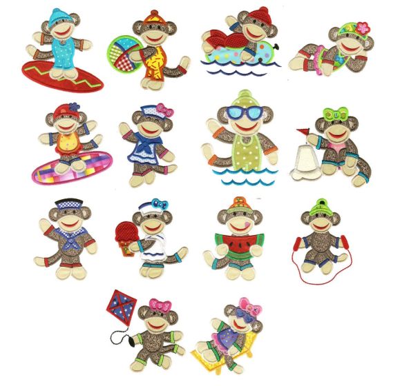 Summer Sock Monkeys Applique Machine Embroidery Designs by JuJu 
