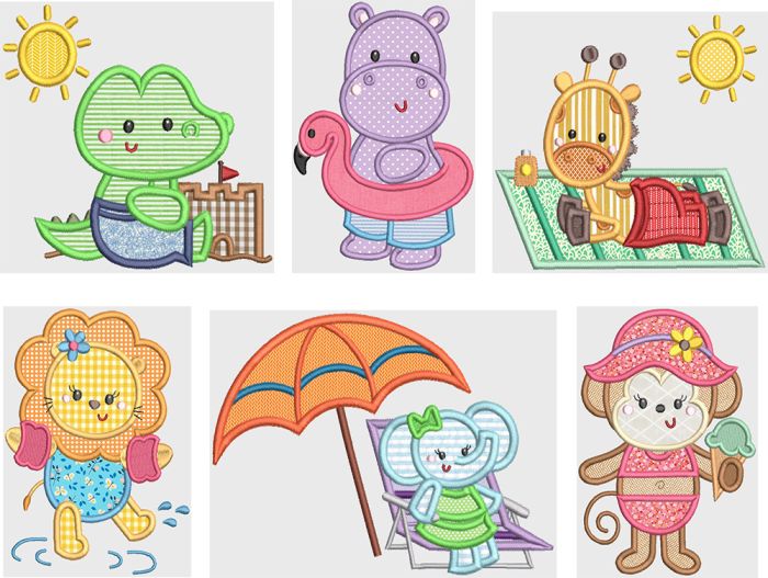 Playful Beach Animals Applique Machine Embroidery Designs by JuJu 