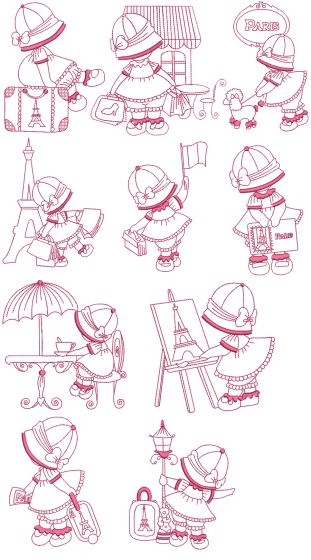 Paris Sunbonnets Redwork Machine Embroidery Designs by JuJu
