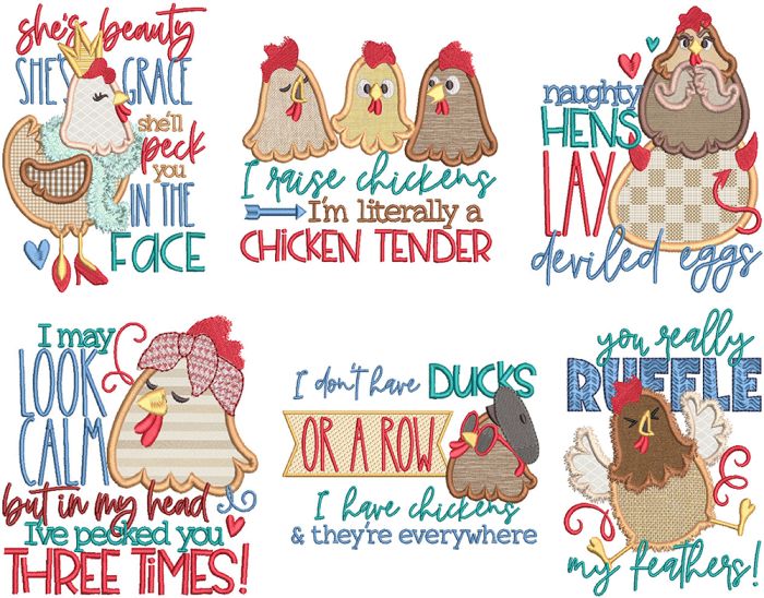 Sassy Chickens Word Art 1 | Machine Embroidery Designs by JuJu
