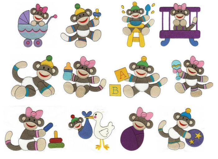 Sock Monkey Babies Filled Machine Embroidery Designs by JuJu

