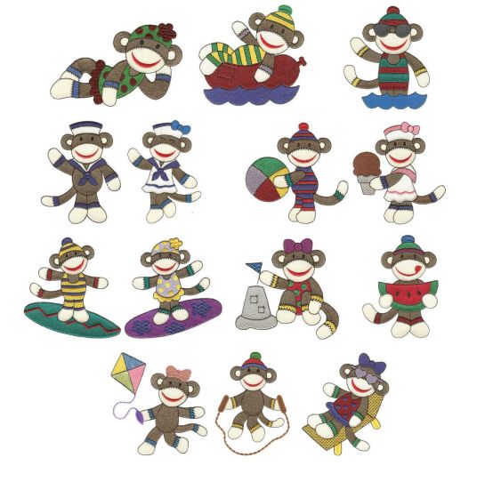 Summertime Sock Monkeys Filled Machine Embroidery Designs by JuJu