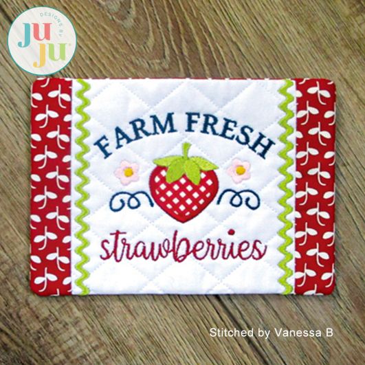 Farm Fresh Mug Rug - Strawberry by Oma's Place | Machine Embroidery Designs by JuJu