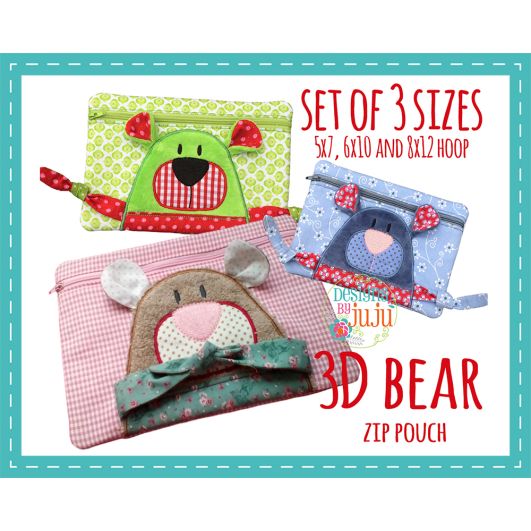 3D Bear Zip Pouch | Machine Embroidery Designs by JuJu