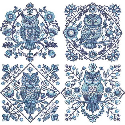                                 Delft Blue Owls Embroidery Set | Machine Embroidery Designs by JuJu
                            