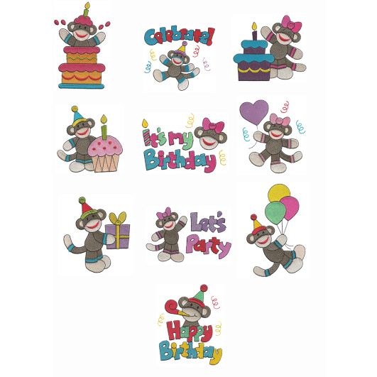 Happy Birthday Sock Monkeys Filled stitch machine embroidery Designs by JuJu