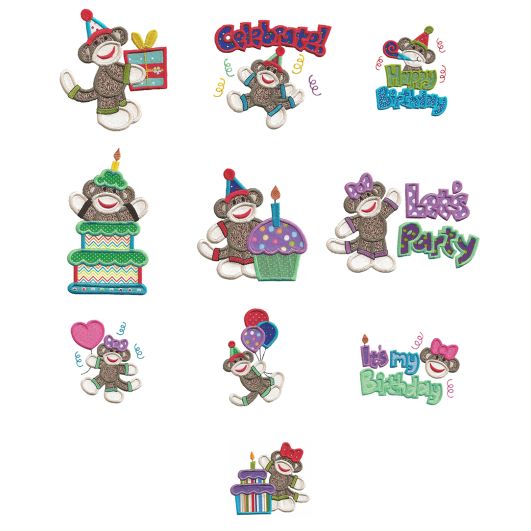 Happy Birthday Sock Monkeys Applique machine embroidery Designs by JuJu