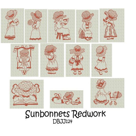 Sunbonnets Redwork Machine Embroidery Designs by JuJu