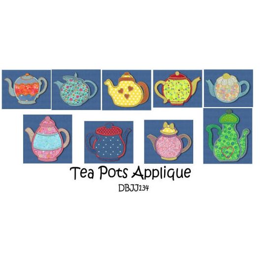 Tea Pots Applique Machine Embroidery Designs by JuJu 