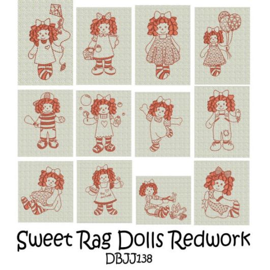 Sweet Rag Dolls Redwork Machine Embroidery Designs by JuJu