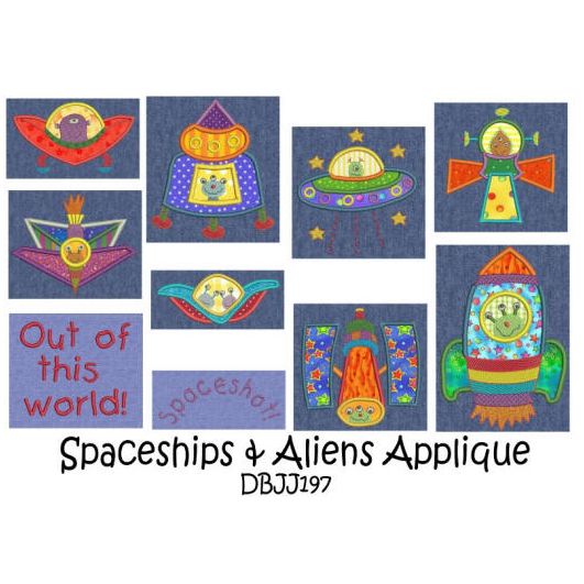 Spaceships and Aliens Applique Machine Embroidery Designs by JuJu 