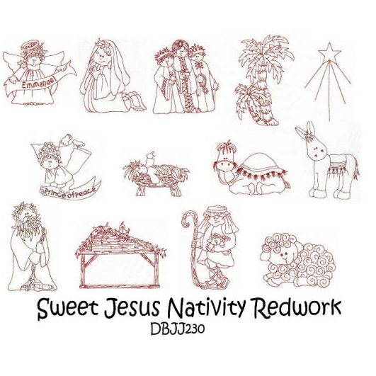 Sweet Jesus Nativity Redwork Machine Embroidery Designs by JuJu