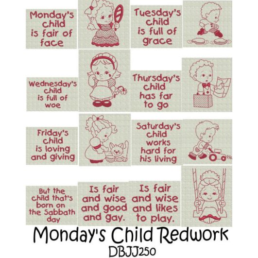 Monday's Child Redwork Machine Embroidery Designs by JuJu

