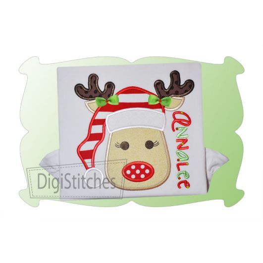 Reindeer With Santa Hat For Girls Applique | Machine Embroidery Designs by JuJu