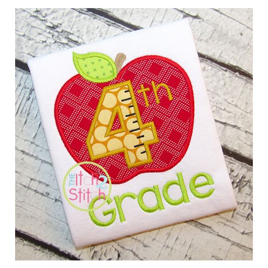 Apple School 4th Grade Number Applique | Machine Embroidery Designs by JuJu