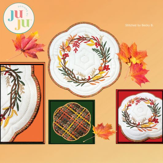 Fall Wreath Candle Mat by Oma's Place | Machine Embroidery Designs by JuJu