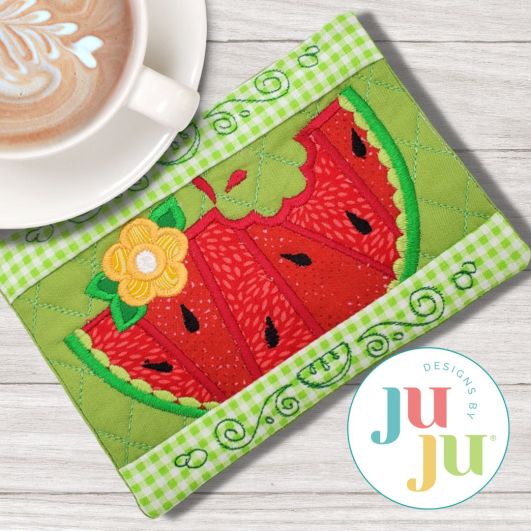 ITH Whimsical Watermelon Mug Rug | Machine Embroidery Designs by JuJu