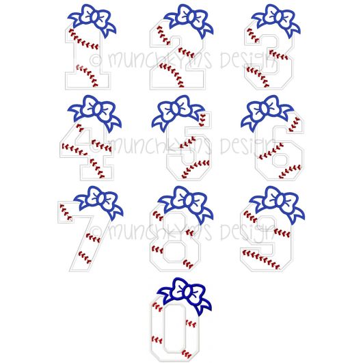 Baseball Bow Number Set Applique | Machine Embroidery Designs by JuJu